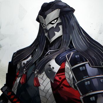 1boy armor black_headwear fate/grand_order fate_(series) grey_eyes hattori_takeo_(fate) highres japanese_armor japanese_clothes looking_at_viewer male_focus mask shoulder_armor simple_background sode solo upper_body white_background yuu_(areruya)