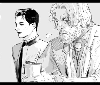 2boys android beard breath commentary_request connor_(detroit) detroit:_become_human facial_hair hank_anderson jacket male_focus mole mole_under_eye monochrome multiple_boys smile soda tyag53 upper_body