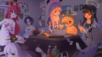 +_+ 6+girls :d ahoge aqua-framed_eyewear bag_of_chips birthday birthday_cake black-framed_eyewear black_hair blonde_hair blue_archive blue_hair bowl braid cake calciumin candle card cellphone chair chihiro_(blue_archive) chihiro_(pajamas)_(blue_archive) chips_(food) cola commentary_request controller dog_girl dog_tail eimi_(blue_archive) engineering_department_(blue_archive) food game_controller glasses green_eyes green_halo grey_eyes grey_hair grey_shirt hair_intakes halo hare_(blue_archive) hibiki_(blue_archive) highres himari_(blue_archive) holding holding_controller holding_game_controller holding_phone hood hood_down hooded_jacket indoors jacket joy-con kotama_(blue_archive) kotama_(pajamas)_(blue_archive) kotatsu kotori_(blue_archive) long_hair maki_(blue_archive) maki_(pajamas)_(blue_archive) mask mask_on_head multiple_girls new_year on_chair open_mouth orange_shirt pajamas peeking phone pink_hair plant plastic_bottle playing_card ponytail potato_chips potted_plant purple_hair purple_halo purple_shirt recording_audio red_eyes red_hair remote_control semi-rimless_eyewear shirt short_hair side_braid sitting sleep_mask smartphone smile standing table tail tank_top teardrop-framed_glasses under-rim_eyewear utaha_(blue_archive) veritas_(blue_archive) white_jacket white_shirt white_tank_top yellow_halo