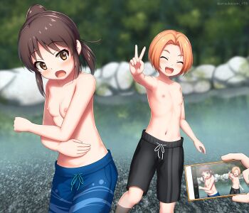 2girls ^_^ arisu_kazumi black_male_swimwear black_swim_trunks blue_male_swimwear blue_swim_trunks blurry blurry_background blush breasts brown_eyes brown_hair cellphone closed_eyes covering_privates day drawstring embarrassed female_focus flat_chest hair_intakes idolmaster idolmaster_cinderella_girls lake male_swimwear male_swimwear_challenge medium_hair multiple_girls nipples open_mouth orange_hair outdoors phone print_male_swimwear print_swim_trunks public_indecency ryuzaki_kaoru short_hair small_breasts smartphone source_request standing swim_trunks swimsuit tachibana_arisu tagme teeth topless_female upper_teeth_only v water