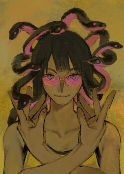 Rule 34 | 1girl, black hair, blue eyes, blunt bangs, closed mouth, commentary, crossed arms, forked tongue, hakatamachine, highres, looking at viewer, nico robin, one piece, pink-tinted eyewear, simple background, smile, snake, snake hair, solo, tinted eyewear, tongue, yellow-tinted eyewear, yellow background, yellow theme