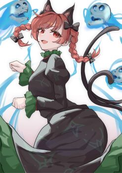 1girl absurdres animal_ears blush bow braid breasts cat_ears cat_tail commentary dress extra_ears floating_skull hair_bow highres kaenbyou_rin long_hair long_sleeves looking_at_viewer multiple_tails open_mouth red_eyes red_hair ribbon short_hair skull smile solo suzukiairi0001 tail touhou twin_braids