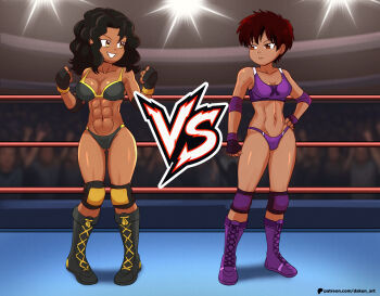 2girls abs audience black_boots black_buruma black_gloves black_hair black_sports_bra boots breasts brown_eyes brown_hair buruma ceiling_light cleavage collarbone crowd dakunart dark_skin earrings elbow_pads fighting_stance fingerless_gloves gloves grin hand_on_own_hip jewelry knee_boots knee_pads large_breasts long_hair looking_at_another medium_breasts multiple_girls navel original purple_boots purple_buruma purple_sports_bra smile sports_bikini sports_bra stage_lights standing teeth tomboy wrestling wrestling_outfit wrestling_ring xime_(dakunart) xiomara_(dakunart) yellow_eyes