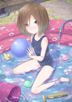 1girl bad_id bad_pixiv_id ball barefoot brown_eyes brown_hair bucket chm_(macharge) extra female_focus hose k-on! kinoshita_shizuka one-piece_swimsuit pump rubber_duck school_swimsuit short_hair sitting solo submerged swimsuit wading_pool wariza water water_pump