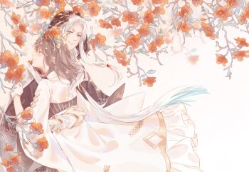 1boy 1girl ^_^ black_cloak blue_eyes blush boneless_carp_(the_tale_of_food) brown_hair butterfly_hair_ornament chinese_commentary cloak closed_eyes closed_mouth curtained_hair dress feet_out_of_frame female_master_(the_tale_of_food) flower gloves hair_between_eyes hair_ornament happy highres hood hood_up hooded_cloak hug long_hair long_sleeves looking_at_another low-tied_sidelocks luoyangloung medium_hair orange_flower parted_bangs parted_lips pinstripe_dress pinstripe_pattern sidelocks simple_background sleeves_past_wrists smile standing tassel the_tale_of_food three-quarter_sleeves trumpet_creeper two_side_up white_background white_dress white_gloves white_hair wide_sleeves