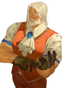 1boy ascot beard bingansuan_jiamouren black_gloves blue_eyes blue_gemstone collared_shirt cowboy_shot facial_hair gem gloves gold_trim hands_up highres jp_(street_fighter) layered_clothes looking_ahead male_focus mature_male multicolored_shirt multicolored_vest muscular muscular_male mustache old pants patterned_clothing pectorals ponytail putting_on_gloves red_pants red_vest shirt short_ponytail short_sleeves simple_background sleeveless solo street_fighter street_fighter_6 veins veiny_arms vest white_ascot white_background white_hair white_shirt wing_collar