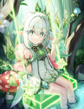 1girl bare_shoulders bloomers bracelet cape closed_mouth commentary day detached_sleeves dress fall_(aki) genshin_impact gold_trim gradient_hair green_cape green_eyes green_hair hair_between_eyes hair_ornament highres jewelry leaf_hair_ornament light_frown long_hair looking_at_viewer multicolored_hair mushroom nahida_(genshin_impact) on_swing outdoors pointy_ears ripples side_ponytail sitting sleeveless sleeveless_dress solo swing symbol-shaped_pupils toe_dipping tree underwear white_bloomers white_dress white_hair