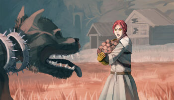 1girl amputee animal dog elden_ring fromsoftware hair_between_eyes highres holding millicent_(elden_ring) mother_and_daughter omnileaden open_mouth ponytail prosthesis prosthetic_arm red_hair tongue tongue_out yellow_eyes