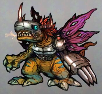 Rule 34 | blue eyes, claws, commentary request, cyborg, dakusuta, digimon, digimon (creature), dinosaur, full body, grey background, helmet, highres, horns, mechanical arms, metalgreymon, no humans, purple wings, red hair, sharp teeth, simple background, single mechanical arm, teeth, torn wings, wings