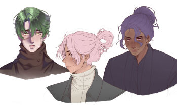 Rule 34 | 3boys, absurdres, black jacket, black shirt, brown coat, closed mouth, coat, commentary, cropped shoulders, dark-skinned male, dark skin, english commentary, freckles, green eyes, green hair, hair between eyes, hair bun, highres, jacket, kuraedo, looking at viewer, male focus, multiple boys, nose, open mouth, original, parted hair, pink eyes, pink hair, purple hair, scar, scar on face, shirt, short hair, simple background, single hair bun, white background