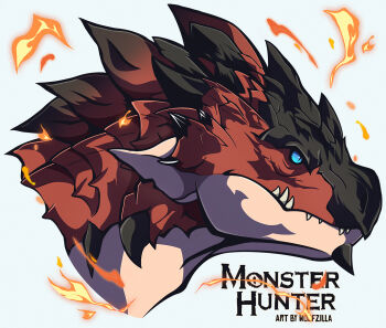 blue_eyes closed_mouth commentary copyright_name cropped_head dragon english_commentary fire grey_background highres monster_hunter_(series) no_humans rathalos sharp_teeth slit_pupils solo teeth woofzilla