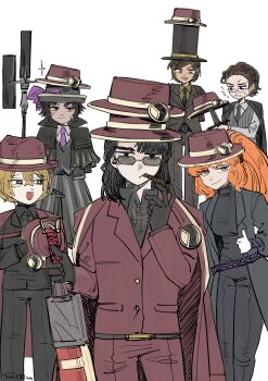 2girls 4boys beard_stubble belt black_coat black_gloves black_hair black_pants black_shirt blonde_hair bow brown_eyes brown_hair brown_pants brown_suit capelet cigar coat coat_on_shoulders collared_shirt commentary_request dagger dark-skinned_female dark-skinned_male dark_skin facial_hair fedoarss1ru formal_clothes glasses gloves gregor_(project_moon) grey_vest gunblade halberd hat heathcliff_(project_moon) highres holding holding_dagger holding_knife holding_polearm holding_weapon ishmael_(project_moon) jacket jeong's_office_(identity)_(project_moon) knife korean_commentary limbus_company long_hair meursault_(project_moon) multiple_boys multiple_girls necktie night_awls_(identity)_(project_moon) orange_hair oufi_association_south_uniform outis_(project_moon) pants polearm ponytail project_moon purple_bow purple_necktie red_coat red_jacket red_pants scar scar_on_face shirt short_hair signature sinclair_(project_moon) sparkle stubble suit suit_jacket sunglasses sweatdrop t_corp._(identity)_(project_moon) tall_hat thumb_(identity)_(project_moon) top_hat vest weapon yellow_eyes