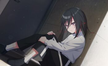 Rule 34 | 1girl, black hair, black skirt, commentary request, game cg, hair between eyes, highres, karasumori daikoku, light particles, long sleeves, looking at viewer, multicolored hair, official art, red eyes, red hair, ribbon, shirt, shoes, sitting, skirt, socks, solo, streaked hair, suspenders, third-party source, white shirt, world dai star