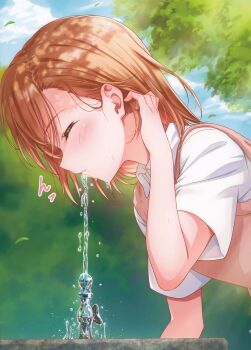Rule 34 | 1girl, absurdres, bent over, blush, brown hair, brown sweater vest, brown vest, closed eyes, collared shirt, drinking, drinking fountain, faucet, hair between eyes, highres, isshi pyuma, medium hair, misaka mikoto, outdoors, scan, school uniform, shirt, short sleeves, solo, summer uniform, sweater vest, toaru kagaku no railgun, toaru majutsu no index, tokiwadai school uniform, tree, tucking hair, upper body, v-neck, vest, white shirt