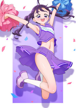 1girl alternate_costume armpits arms_up blush cheering cheerleader choppy_bangs clothes_lift commentary_request confetti crop_top cropped_shirt floating_hair full_body highres holding holding_pom_poms jumping kimi_to_idol_precure legs_up long_hair miniskirt navel open_mouth pleated_skirt pom_pom_(cheerleading) pom_poms precure purple_eyes purple_hair purple_shirt purple_shoes purple_skirt shadow shigure_kokoro shirt shoes skirt skirt_lift sleeveless sleeveless_shirt smile sneakers socks solo tiler_(tiler00) twintails two-tone_background white_socks wind wind_lift