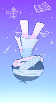 1boy absurdres antenna_hair bandaged_head bandages barefoot black_hair chibi chibi_only closed_eyes commentary_request eyepatch highres hospital_gown male_focus medical_eyepatch omori purple_sky short_hair short_sleeves sky solo spoilers sunny_(hospital_gown)_(omori) sunny_(omori) upside-down yksm_oe