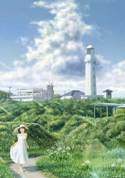 1girl :d arms_at_sides bare_arms black_hair blue_sky building cloud cloudy_sky commentary_request cumulonimbus_cloud daigo_fujiie day dress flower foliage grass hat highres light_rays lighthouse medium_hair open_mouth original outdoors path road scenery shadow skirt_hold sky sleeveless sleeveless_dress smile solo spaghetti_strap standing sun_hat sundress sunlight walking white_dress white_flower white_hat wide_shot