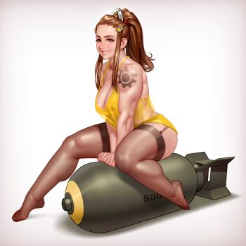 1girl absurdres alternate_costume bomb breasts brigitte_(overwatch) brown_eyes brown_hair cleavage dress explosive female_focus freckles full_body garter_straps gradient_background headgear highres kairunoburogu large_breasts looking_at_viewer muscular muscular_female no_bra overwatch overwatch_1 pinup_(style) ponytail shoulder_tattoo sidelocks simple_background sitting smile solo tattoo thighhighs thighs white_dress