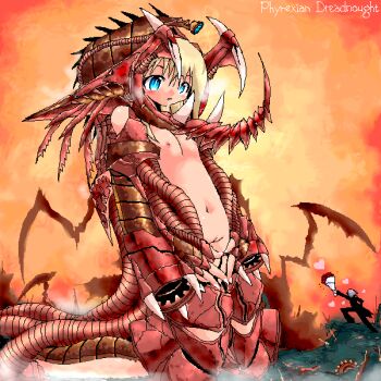 1boy 1girl blonde_hair blue_eyes breasts flat_chest magic:_the_gathering monster_girl navel nude phyrexian_dreadnought pussy standing uncensored