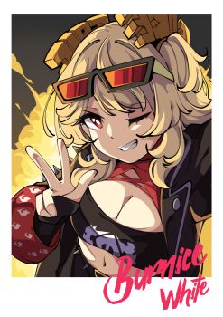 1girl absurdres black_jacket black_skirt black_tube_top blonde_hair border breasts burnice_white character_name closed_mouth commentary english_commentary explosion explosion_background eyewear_on_head highres jacket looking_at_viewer medium_breasts mujib one_eye_closed red_eyes skirt solo strapless sunglasses tube_top v white_border zenless_zone_zero