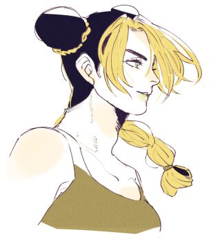 1girl bare_shoulders blue_eyes braid brown_shirt collarbone commentary_request cropped_torso double_bun eyelashes from_side hair_bun jojo_no_kimyou_na_bouken kuujou_jolyne looking_ahead multicolored_hair parted_lips profile shirt simple_background single_braid smile solo stone_ocean tank_top tirauraja two-tone_hair white_background