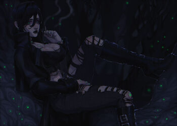 1girl absurdres black_hair blackberreh-art boots breasts cigarette cleavage coat crop_top ear_piercing earrings eye_tattoo face_piercing finger_tattoo fishnet_gloves fishnets genderswap genderswap_(mtf) gerard_keay gloves goth_fashion highres holding holding_cigarette jacket jewelry large_breasts lips long_hair makeup midriff multiple_piercings neck_tattoo nose_piercing nose_ring pants piercing scar septum_piercing shirt sitting smoke snakebite_(piercing) tattoo the_magnus_archives torn_clothes torn_pants