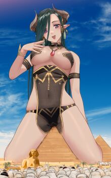 1girl 6+boys absurdres armlet bare_arms bare_shoulders black_suit bracelet breasts cleavage cloud copyright_request crotch_rub day desert earrings egypt facing_viewer female_masturbation formal_clothes from_below full_body giant giantess great_pyramid_of_giza green_hair highres horns jewelry kneeling long_hair masturbation medium_breasts mole mole_under_eye multiple_boys navel necklace open_mouth outdoors palm_tree pendant pointy_ears purple_eyes pyramid pyramid_(structure) revealing_clothes skindentation sky great_sphinx_of_giza suit tree welt_(kinsei_koutenkyoku)