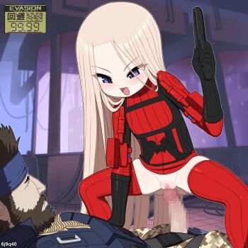 1boy 1girl assertive_female blonde_hair blue_eyes blush bottomless cowgirl_position cromachina female_pervert femdom gloves gun handgun loli metal_gear_(series) metal_gear_acid metal_gear_acid_2 penis pervert pussy rape role_reversal sex size_difference sleeping spread_legs squatting straddling thighhighs vaginal venus_(mga) weapon