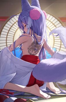 Rule 34 | 1girl, absurdres, ahoge, back tattoo, backboob, barefoot, breasts, clrawing, commentary request, cone hair bun, convenient hair, double bun, fox girl, fox tail, from behind, full body, hair bun, hair ornament, hair spread out, hakama, hakama skirt, highres, indoors, japanese clothes, korean commentary, kosode, long hair, looking at viewer, looking back, multicolored hair, pom pom (clothes), pom pom hair ornament, purple hair, purple tail, red skirt, sideways glance, sitting, skirt, small breasts, solo, stellive, streaked hair, tail, tattoo, tenko shibuki, topless female, very long hair, virtual youtuber, yellow eyes