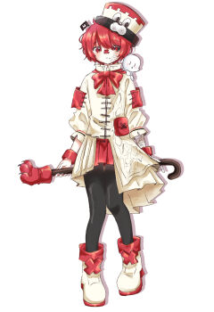 1boy :&lt; ahoge animal_hat ankle_boots asymmetrical_clothes bandaid bandaid_on_face bandaid_on_nose black_pantyhose black_sclera boots bow bowtie cane closed_mouth coat collared_coat colored_sclera colored_shoe_soles commentary_request crossed_bandaids drop_shadow expressionless fukase full_body gimt5n hair_between_eyes hat hat_tip head_flag highres holding holding_cane knees_together_feet_apart long_sleeves male_focus miniskirt mismatched_sclera on_shoulder pantyhose pleated_skirt point_(vocaloid) puffy_long_sleeves puffy_sleeves red_bow red_bowtie red_eyes red_hair red_skirt short_hair simple_background skirt solo standing standing_on_one_leg straight-on swept_bangs top_hat vocaloid white_background white_boots white_coat white_hat wristband
