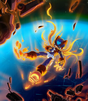 1boy amputee android armor atmospheric_reentry commentary_request damaged debris earth_(planet) falling forehead_jewel full_body helmet highres jewelry mega_man_(series) mega_man_zero_(series) mega_man_zero_4 nasu_(roda_de_estrela) planet ponytail red_armor red_helmet robot solo zero(z)_(mega_man) zero_(mega_man)