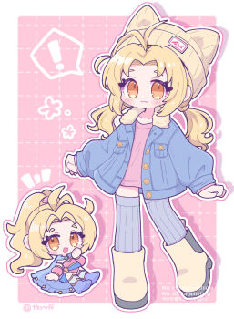 Rule 34 | !, :3, animal ear headwear, animal ears, antenna hair, beanie, blonde hair, blue boots, blue cape, blue coat, blush, boots, border, brown eyes, cape, cat ears, chibi, chibi inset, coat, detached sleeves, dissidia duellum final fantasy, dissidia final fantasy, dress, fake animal ears, final fantasy, final fantasy v, full body, fur-trimmed coat, fur trim, grey thighhighs, grid background, hat, highres, krile mayer baldesion (ff5), leotard, long hair, low twintails, multiple views, official alternate costume, open mouth, pink background, pink dress, pink leotard, pink sleeves, ponytail, ribbed thighhighs, short dress, smile, spoken exclamation mark, thighhighs, tkyuff, twintails, twitter username, white border, yellow boots, yellow hat