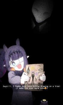 +_+ 1girl 1other :d aged_down black_background blue_eyes commentary creepypasta drawing_(object) english_commentary english_text eyepatch fang grey_shirt holding holding_drawing hololive hololive_english horror_(theme) medical_eyepatch ninomae_ina'nis ninomae_ina'nis_(school_uniform) open_mouth pointy_ears purple_hair rametkup shirt side_ponytail slender_man smile takodachi_(ninomae_ina'nis) virtual_youtuber