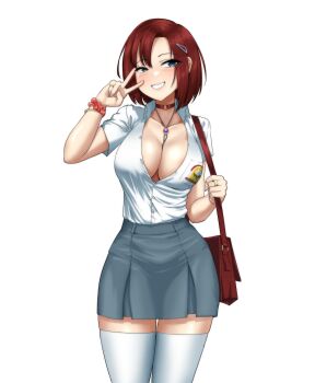 1girl absurdres amesuku_gyaru between_breasts blush bracelet breasts brown_bag choker cleavage collarbone collared_shirt cowboy_shot dress_shirt grey_eyes grey_skirt gyaru hair_ornament hairclip highres indonesian_high_school_uniform jewelry kogal large_breasts looking_at_viewer miniskirt mole mole_under_eye necklace no_bra no_nose o-ring o-ring_choker oodnap open_clothes open_shirt original parted_bangs partially_unbuttoned pleated_skirt red_choker red_hair red_scrunchie ring school_emblem school_uniform scrunchie shirt short_hair short_sleeves simple_background skirt solo sweat taut_clothes taut_shirt thighhighs v v_over_eye white_background white_shirt white_thighhighs wrist_scrunchie zettai_ryouiki