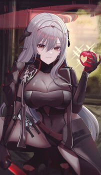 1girl absurdres apple armor bodysuit breasts brown_eyes closed_mouth food fruit gimyogi goddess_of_victory:_nikke grey_bodysuit grey_hair hair_ornament hair_stick halo highres holding holding_sword holding_weapon japanese_armor large_breasts long_hair official_alternate_costume scarlet_(black_shadow)_(nikke) scarlet_(nikke) shoulder_armor smile sode solo squatting sword weapon