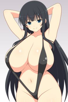 Rule 34 | 1girl, arms up, bare arms, black hair, black slingshot swimsuit, blunt bangs, blush, breasts, cleavage, closed mouth, collarbone, commentary request, gradient background, grey background, highres, huge breasts, ichiryuu tsumiki, ikaruga (senran kagura), long hair, looking at viewer, navel, senran kagura, sidelocks, simple background, slingshot swimsuit, smile, solo, standing, swimsuit, very long hair