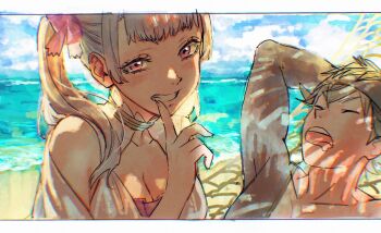 Rule 34 | 1boy, 1girl, asta (black clover), beach, black clover, breasts, cleavage, finger to mouth, grey hair, large breasts, noelle silva, ocean, purple eyes, smile, twintails, water