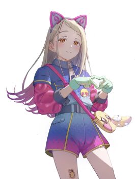 1girl animal_ear_hairband animal_ears aqua_gloves badge bag belt black_belt blonde_hair blue_jacket blue_shorts blush button_badge cat_ear_hairband cat_ears closed_mouth colored_eyelashes cowboy_shot earrings emoji fake_animal_ears flipped_hair g_takuan gakuen_idolmaster gloves gradient_hair gradient_shorts hairband hands_up heart heart_hands highres idolmaster jacket jewelry layered_sleeves long_hair long_sleeves looking_at_viewer looking_down meme miracle_na_now!_(idolmaster) multicolored_hair multicolored_jacket multicolored_shorts orange_eyes pink_hair pink_jacket pink_shorts pleading_face_emoji sad_banana_cat_(meme) shinosawa_hiro short_over_long_sleeves short_sleeves shorts shoulder_bag simple_background smile solo standing sticker_on_leg stud_earrings white_background yellow_bag zipper