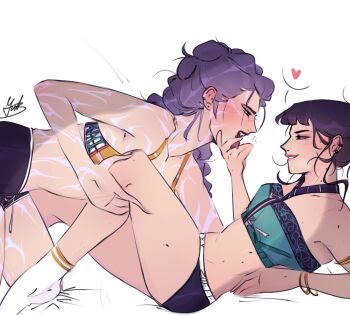 Rule 34 | 2girls, aqua shirt, black hair, black panties, body markings, commentary, crop top, dutch braided ponytail, h1tsdifferent, halter shirt, halterneck, hand on another's chin, hand on another's leg, highres, kpop demon hunters, multiple girls, open mouth, panties, purple hair, rumi (kpop demon hunters), shirt, smile, socks, untranslatable commentary, tongue, underwear, white socks, yuri, zoey (kpop demon hunters)