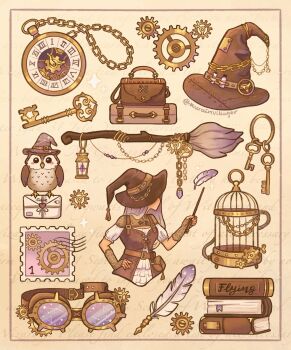 1girl animal belt belt_pouch bird birdcage book bottle briefcase broom brown_bag brown_belt brown_dress brown_gloves brown_hat cage chain charm_(object) commentary dress english_commentary envelope feathers fingerless_gloves frills gears gem gloves goggles gradient_hair hand_on_own_hip hat heart highres holding holding_wand key keyring kurain_villager lace-up lantern long_hair multicolored_hair object_focus original owl plume pocket_watch postage_stamp potion pouch purple_hair solo steampunk unworn_goggles wand watch witch witch_hat yellow_background