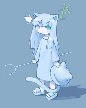 Rule 34 | 1girl, absurdres, animal ear helmet, animal ears, animal helmet, artist name, asparagus, blue eyes, blunt bangs, blush, cat, cat ears, dress, embarrassed, floating, floating object, food, heterochromia, highres, kurohanenone, long hair, sandals, shimeji simulation, staff, tail, the gardener (shimeji simulation), white dress, white eyes, white hair
