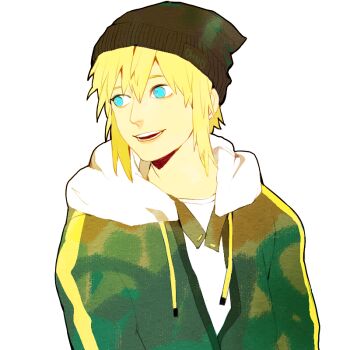 1boy aged_down beanie black_hat blonde_hair blue_eyes commentary contemporary green_jacket hat hood hoodie jacket jacket_over_hoodie looking_to_the_side male_focus namikaze_minato naruto_(series) ohnopp open_mouth signature smile solo upper_body white_hoodie