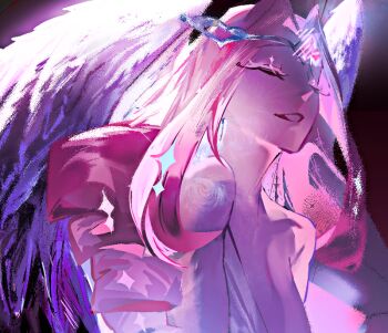 Rule 34 | 1girl, angel, angel wings, breasts, colored skin, cookie run, cookie run: kingdom, demon girl, demon wings, dress, eternal sugar cookie, long hair, medium breasts, pcacao, pink hair, pink skin, pink theme, solo, very long hair, white dress, wings