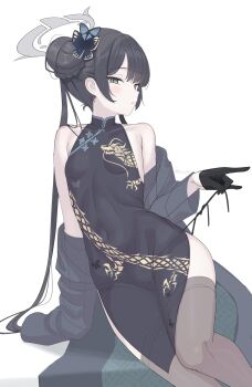 1girl arm_support black_dress black_gloves black_hair black_thighhighs blue_archive blue_trim braid braided_bun breasts butterfly_hair_ornament china_dress chinese_clothes closed_mouth coat commentary double_bun dragon_print dress facing_to_the_side gloves grey_eyes grey_halo hair_bun hair_ornament halo highres jacket kisaki_(blue_archive) long_hair looking_at_viewer open_clothes open_jacket pelvic_curtain pinstripe_jacket pinstripe_pattern print_dress sidelocks sideways_glance simple_background sleeveless sleeveless_dress small_breasts solo striped_clothes striped_coat striped_jacket thighhighs tojo_aoi twintails vertical-striped_clothes vertical-striped_coat vertical-striped_jacket white_background