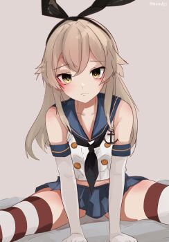 1girl anchor_hair_ornament black_hairband black_neckerchief black_panties blonde_hair blue_sailor_collar blue_skirt crop_top elbow_gloves gloves grey_background grey_eyes hair_ornament hairband highleg highleg_panties highres kantai_collection long_hair looking_at_viewer microskirt miniskirt miron_(mirona33) neckerchief panties pleated_skirt sailor_collar shimakaze_(kancolle) shirt simple_background sitting skirt sleeveless sleeveless_shirt solo striped_clothes striped_thighhighs thighhighs underwear white_gloves