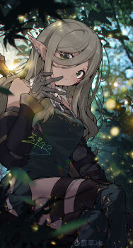 1girl animal_ears black_boots boots breasts brown_eyes brown_hair chinese_commentary closed_mouth commentary_request crossed_legs detached_sleeves ear_piercing girls_band_cry girls_band_cry_rpg gloves grey_gloves hair_between_eyes highres leaf long_hair_between_eyes looking_at_viewer medium_breasts mole mole_under_eye piercing pointy_ears rupa_(girls_band_cry) sidelocks solo thigh_boots thigh_strap yun_cao_bing