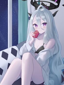 Rule 34 | 1girl, ahoge, akaya (pixiv20545353), black bra, blue archive, bow, bow bra, box, bra, breasts, cleavage, closed mouth, commentary request, curtains, feet out of frame, gift, grey hair, hair between eyes, halo, heart-shaped box, highres, hina (blue archive), holding, holding gift, horns, indoors, knees up, night, off shoulder, open clothes, open shirt, pillow, purple eyes, shirt, sky, small breasts, solo, star (sky), starry sky, underwear, valentine, white shirt, window