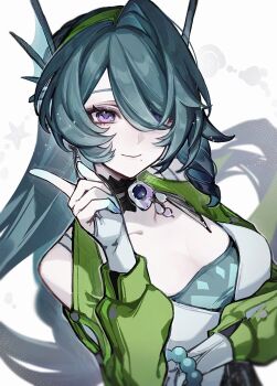 Rule 34 | 1girl, absurdres, amekamu, bare shoulders, bead bracelet, beads, bracelet, cecilia (zenless zone zero), closed mouth, collarbone, commentary request, fins, green hair, green hairband, green shrug, hair over one eye, hairband, head fins, highres, jewelry, long hair, looking at viewer, mole, mole under mouth, purple eyes, purple nails, shrug (clothing), single hair intake, smile, solo, upper body, white background, zenless zone zero