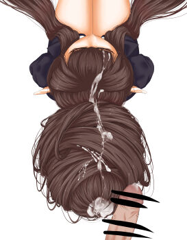 Rule 34 | 1girl, absurdres, after ejaculation, bare legs, bebekp, brown hair, closed eyes, cum, cum on hair, disembodied hand, disembodied penis, fate/apocrypha, fate (series), from above, grabbing another's hair, hair bun, hair flowing over, hair focus, hairjob, highres, holding another's hair, jacket, long hair, penis, pointy ears, semiramis (fate), simple background, single hair bun, sitting, suit jacket, very long hair, white background