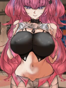 1girl arknights arknights:_endfield breasts clothes_lift highres large_breasts non-web_source pants piki479 pink_hair shirt_lift smile solo white_pants yvonne_(arknights)